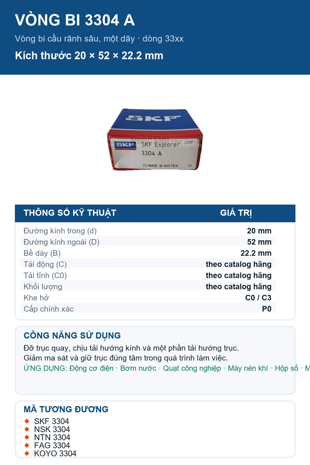 Vòng bi SKF 3304 A 20x52x22.2mm — Ảnh thông số (Pinterest)