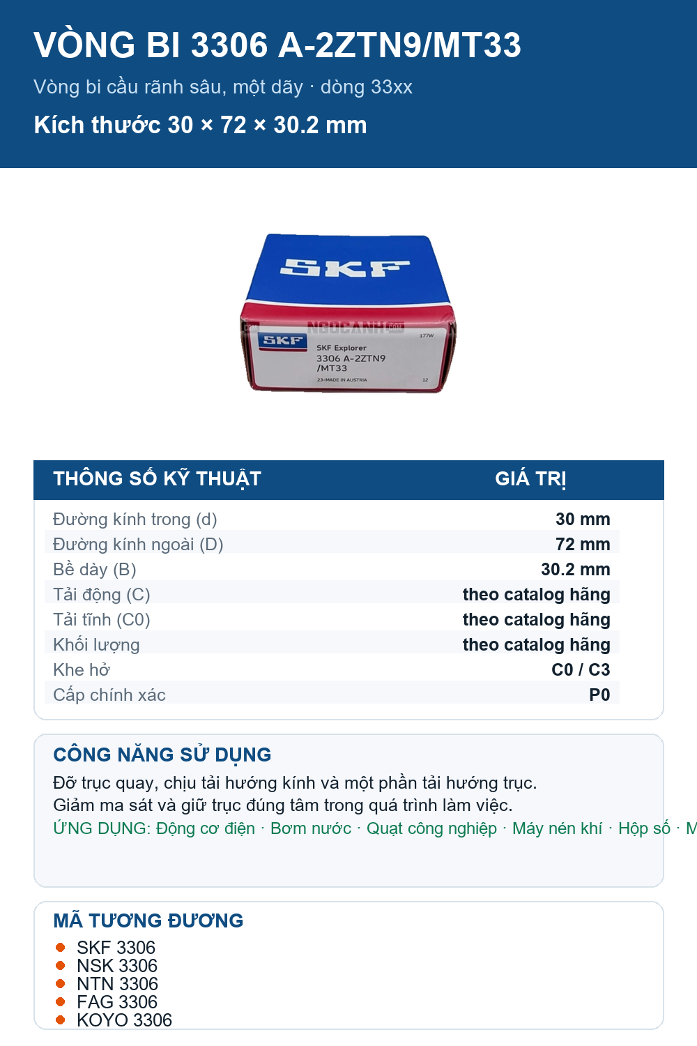 Vòng bi SKF 3306 A-2ZTN9/MT33 30x72x30.2mm — Ảnh thông số (Pinterest)