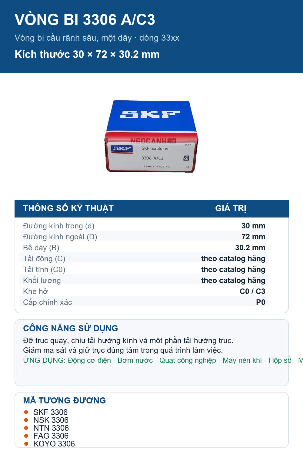 Vòng bi SKF 3306 A/C3 30x72x30.2mm — Ảnh thông số (Pinterest)