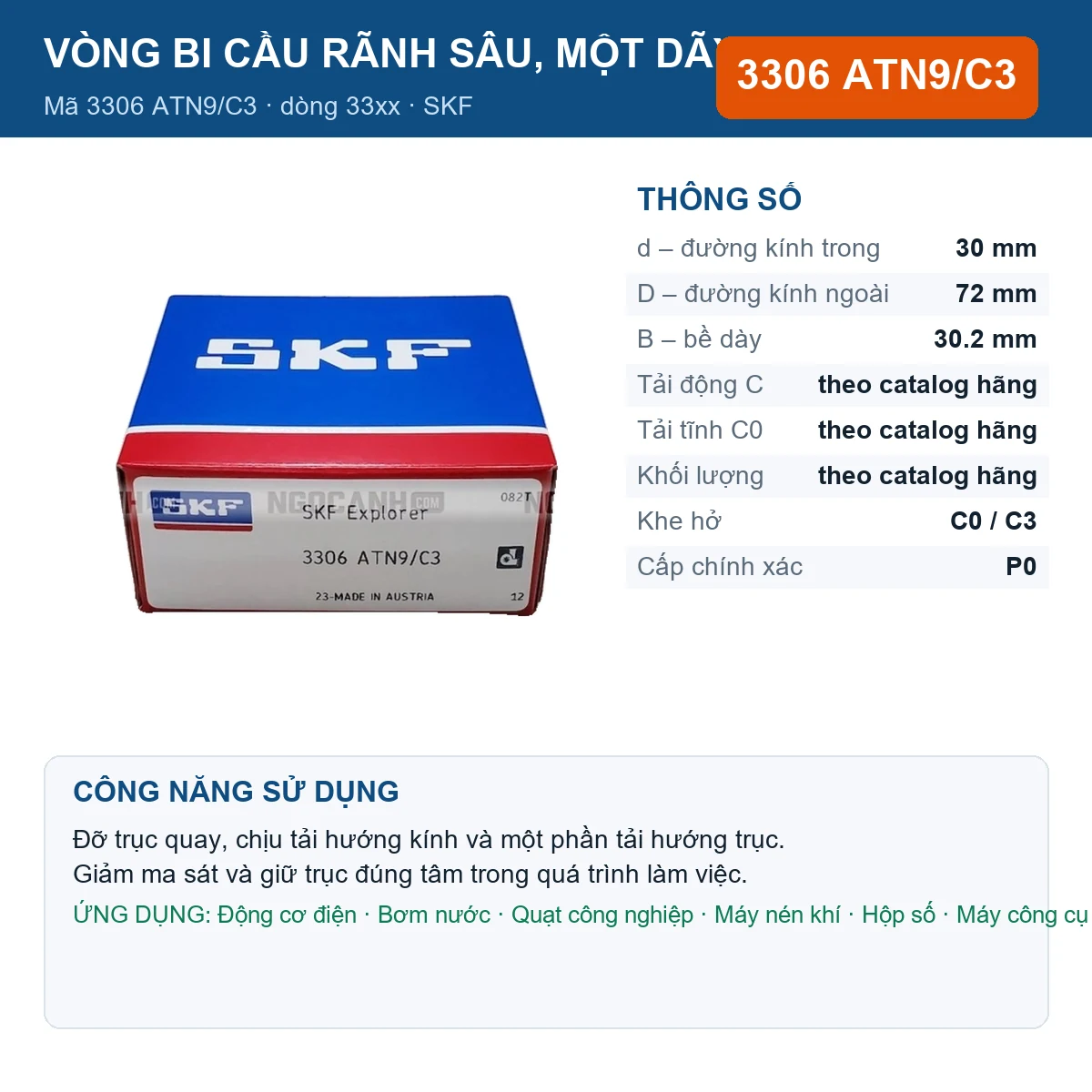 Vòng bi SKF 3306 ATN9/C3 — kích thước 30x72x30.2mm
