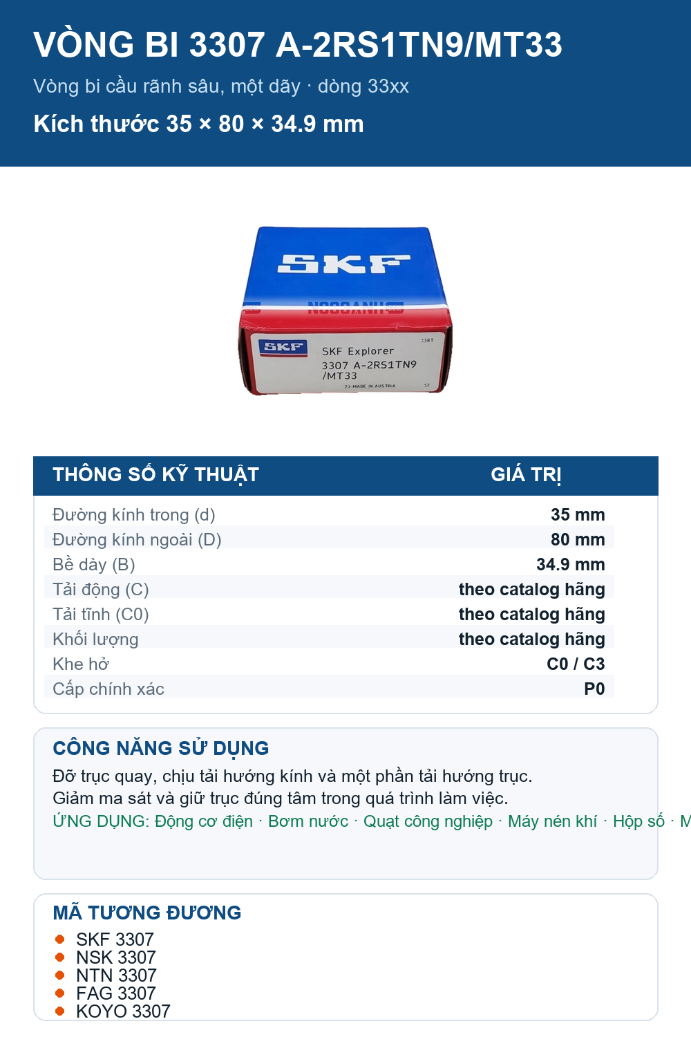 Vòng bi SKF 3307 A-2RS1TN9/MT33 35x80x34.9mm — Ảnh thông số (Pinterest)