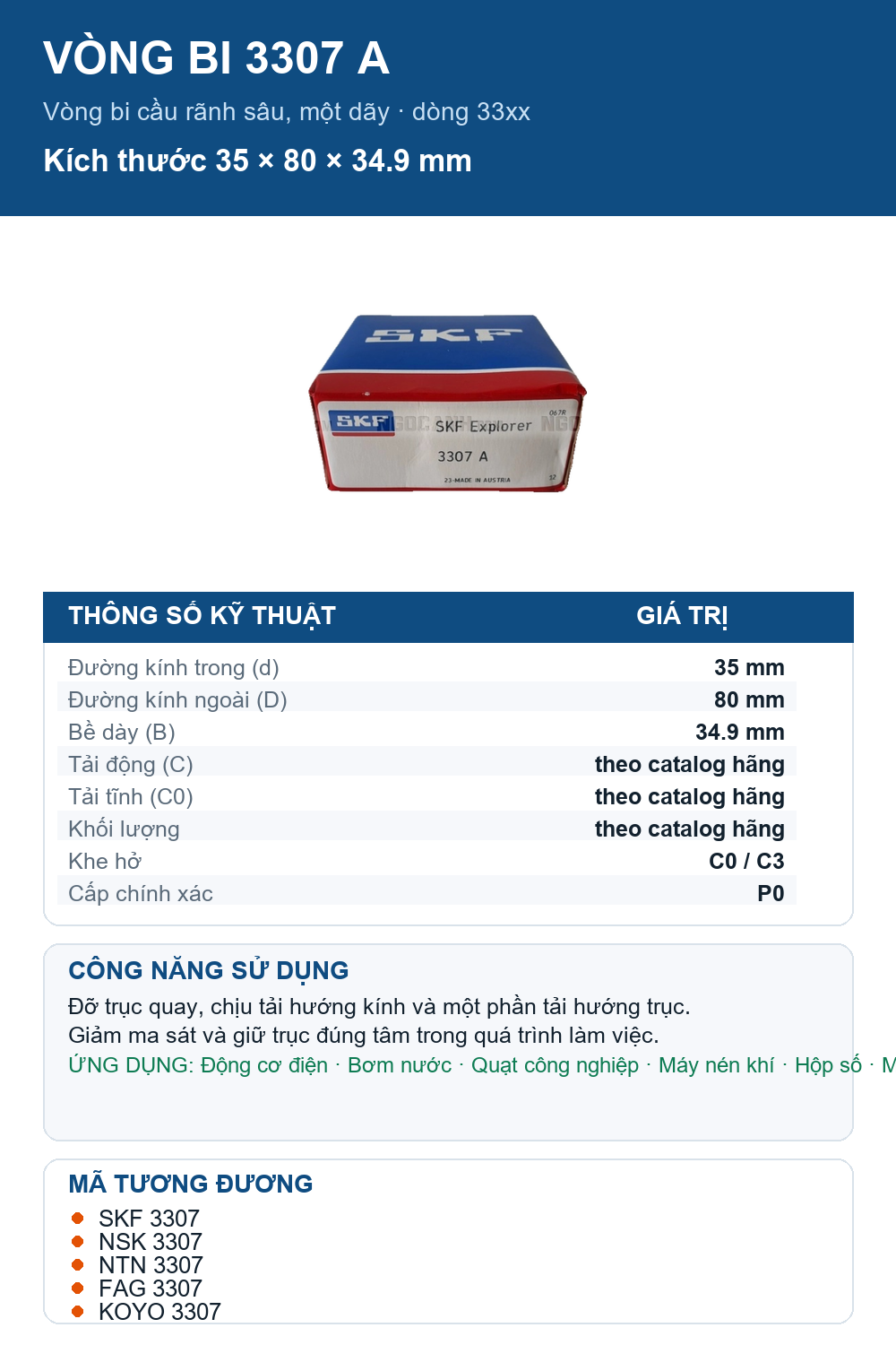 Vòng bi SKF 3307 A 35x80x34.9mm — Ảnh thông số (Pinterest)