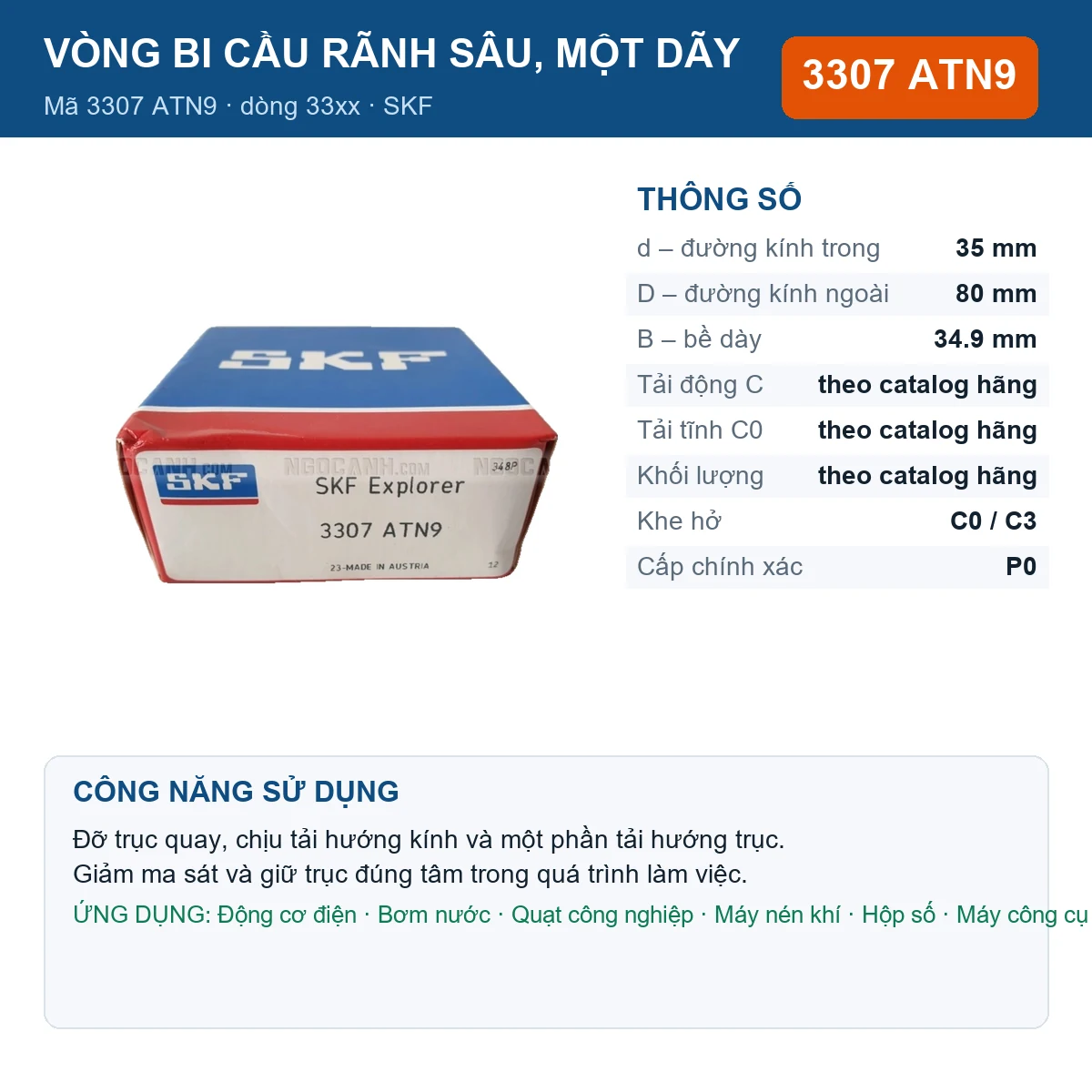 Vòng bi SKF 3307 ATN9 — kích thước 35x80x34.9mm