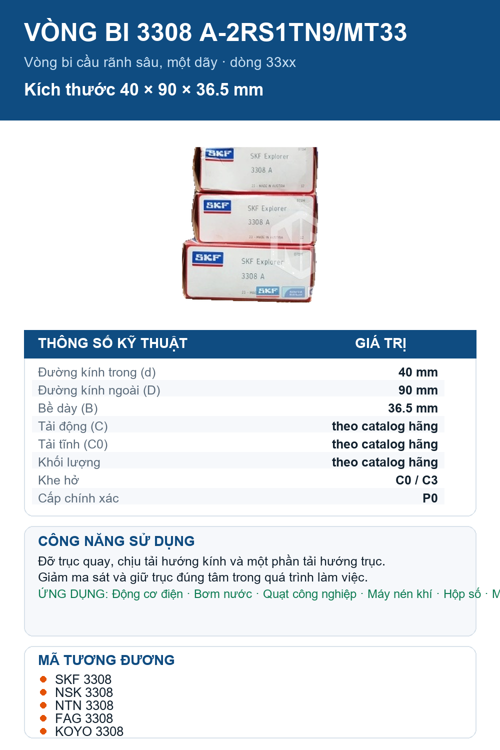 Vòng bi SKF 3308 A-2RS1TN9/MT33 40x90x36.5mm — Ảnh thông số (Pinterest)