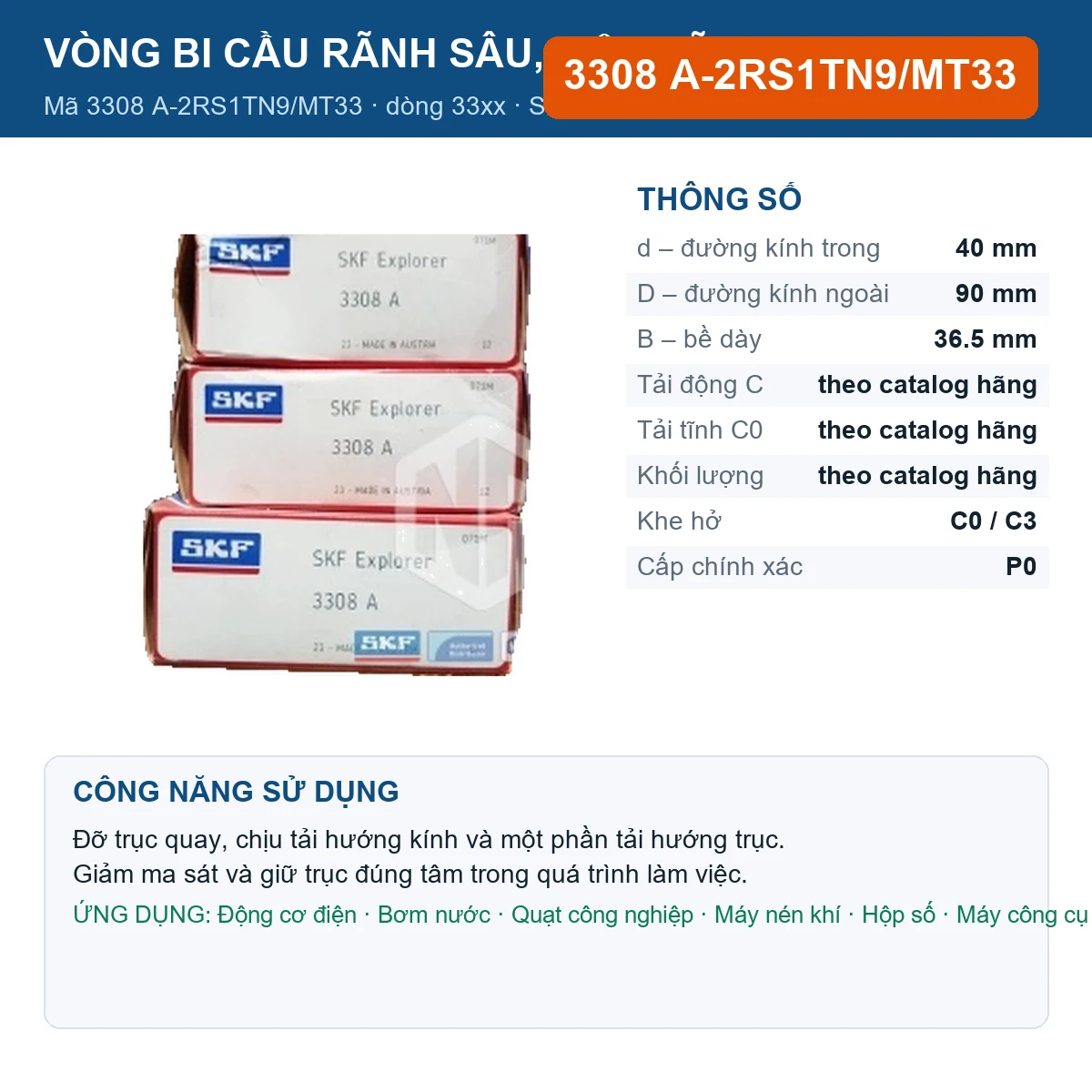 Vòng bi SKF 3308 A-2RS1TN9/MT33 — kích thước 40x90x36.5mm