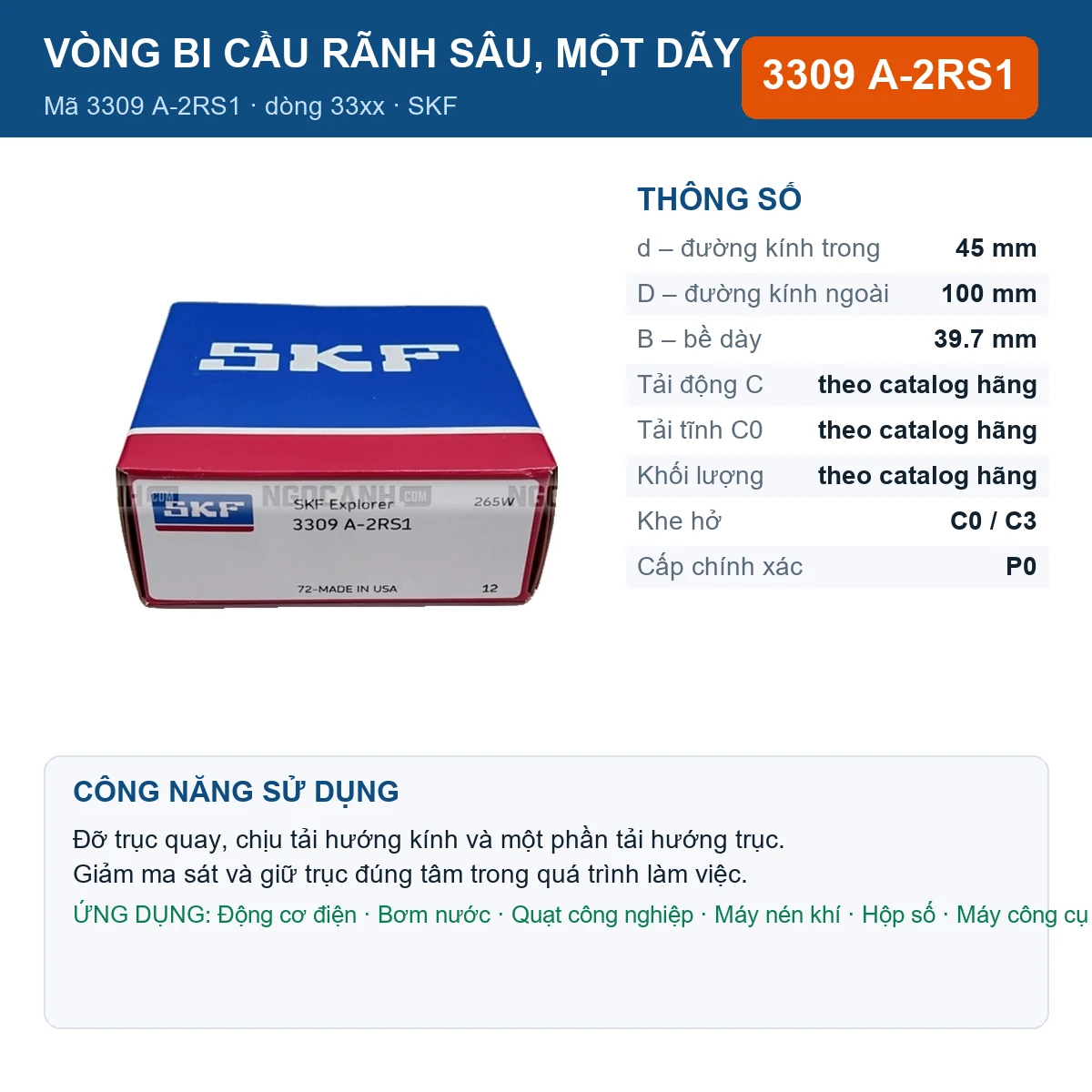 Vòng bi SKF 3309 A-2RS1 — kích thước 45x100x39.7mm