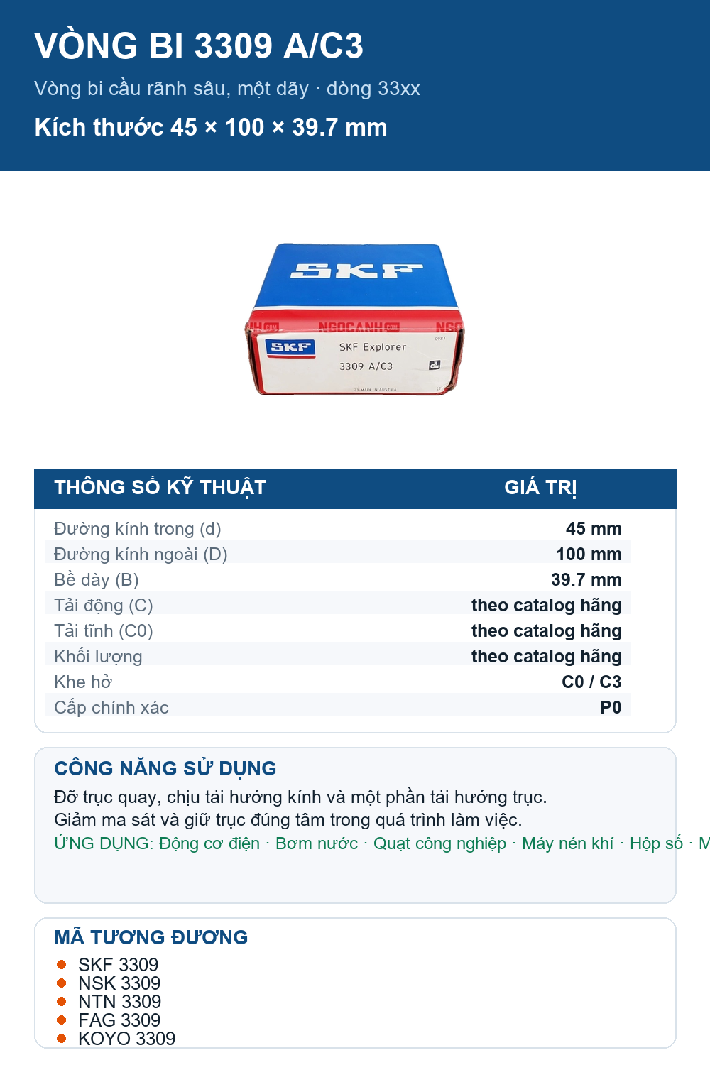 Vòng bi SKF 3309 A/C3 45x100x39.7mm — Ảnh thông số (Pinterest)