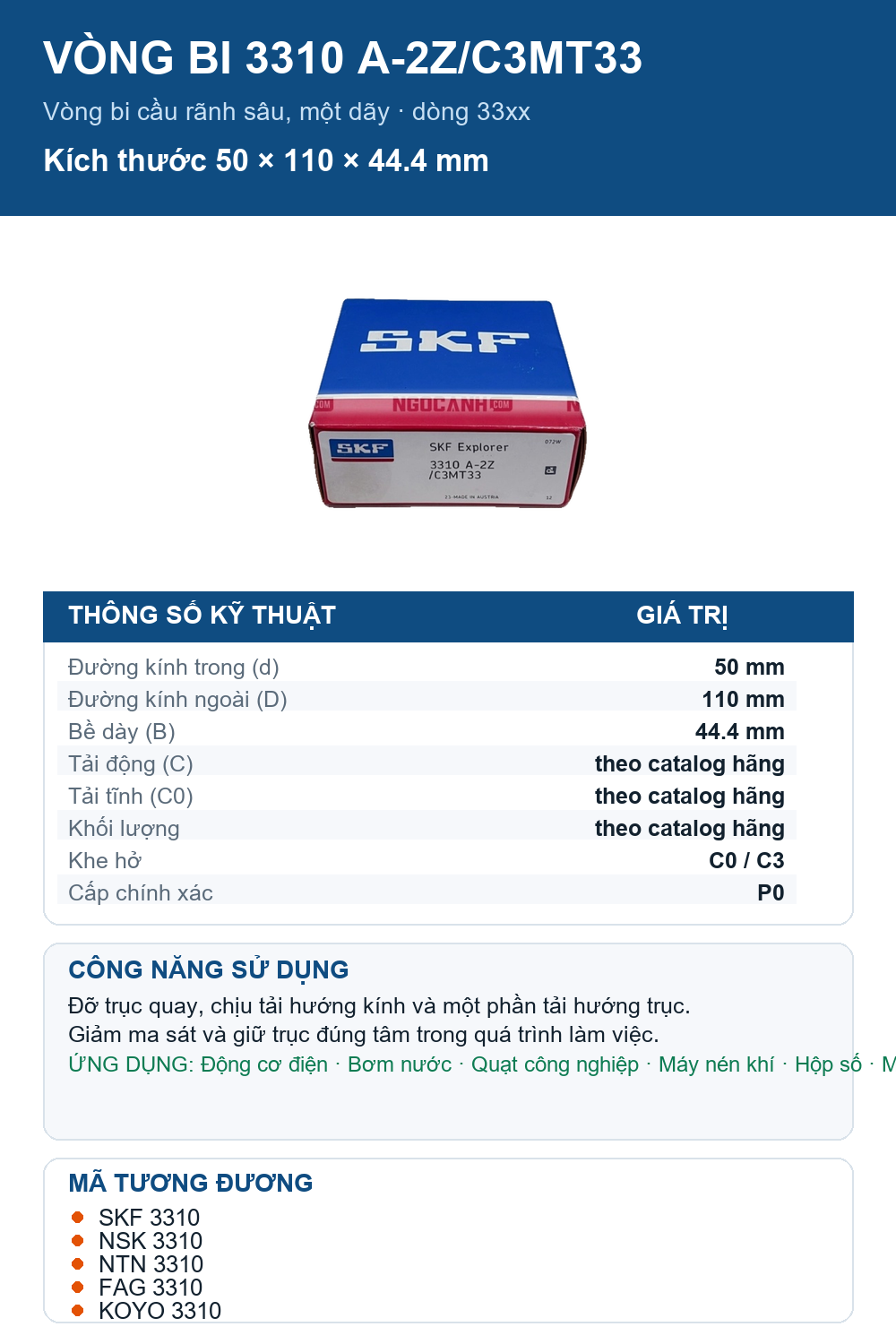 Vòng bi SKF 3310 A-2Z/C3MT33 50x110x44.4mm — Ảnh thông số (Pinterest)