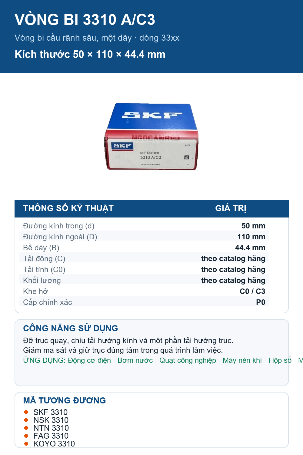 Vòng bi SKF 3310 A/C3 50x110x44.4mm — Ảnh thông số (Pinterest)