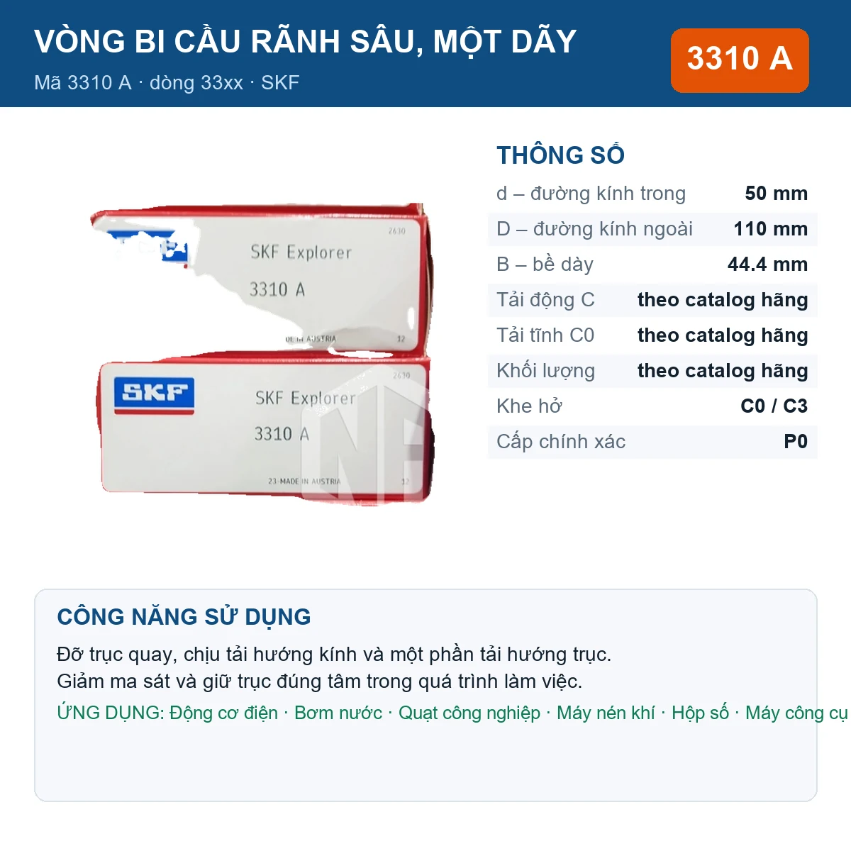 Vòng bi SKF 3310 A — kích thước 50x110x44.4mm