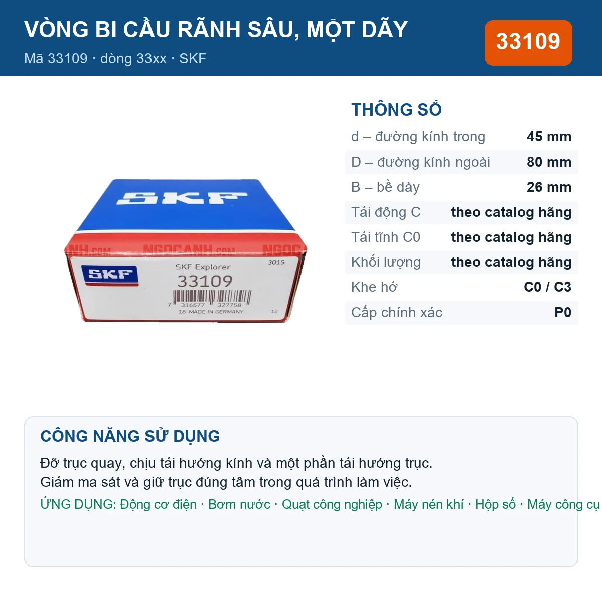 Vòng bi SKF 33109 — kích thước 45x80x26mm
