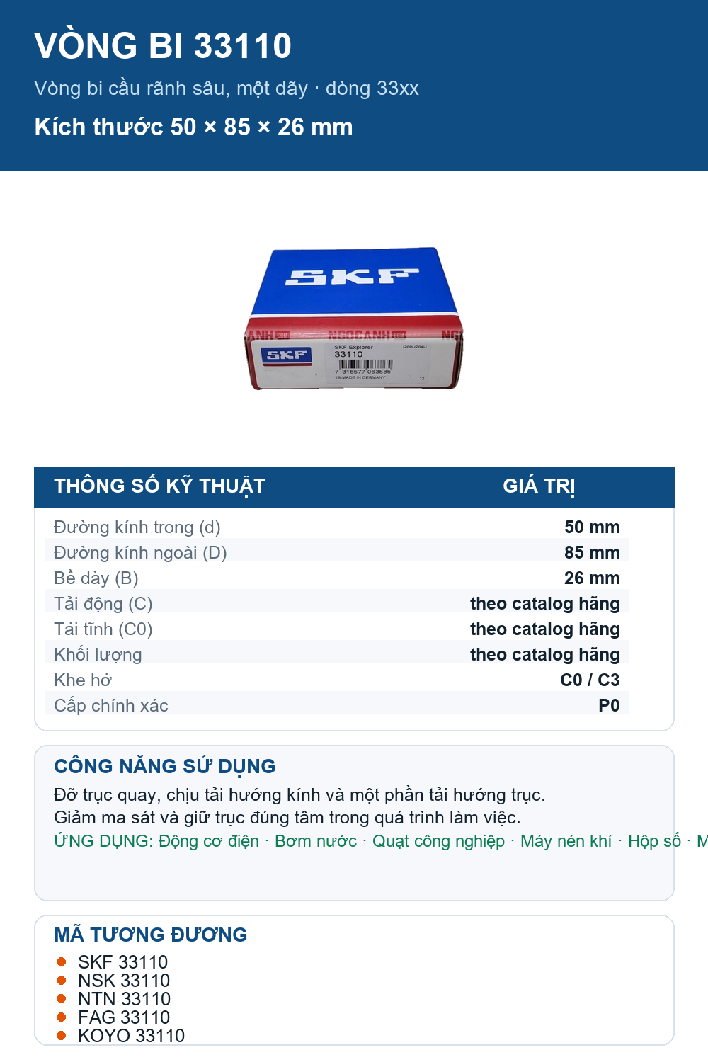 Vòng bi SKF 33110 50x85x26mm — Ảnh thông số (Pinterest)