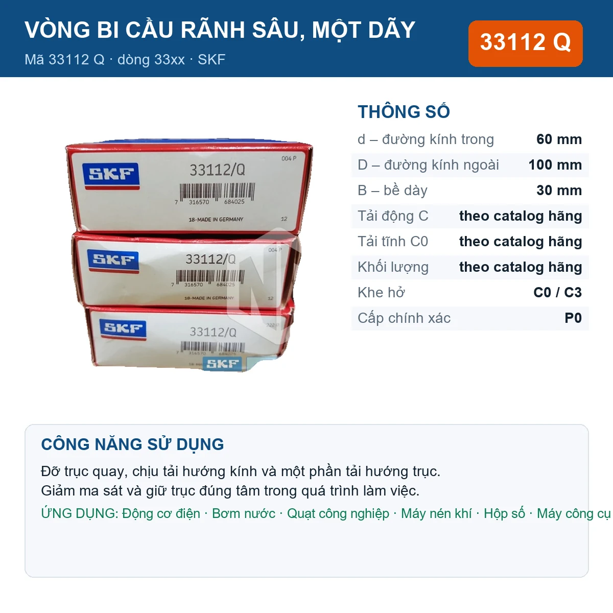 Vòng bi SKF 33112 Q — kích thước 60x100x30mm
