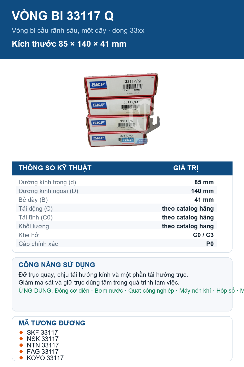 Vòng bi SKF 33117 Q 85x140x41mm — Ảnh thông số (Pinterest)