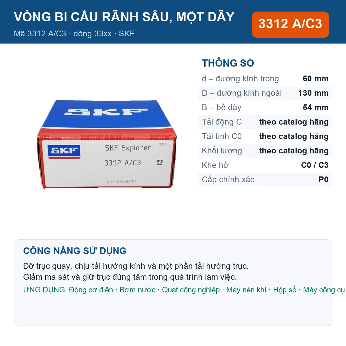 Vòng bi SKF 3312 A/C3 — kích thước 60x130x54mm