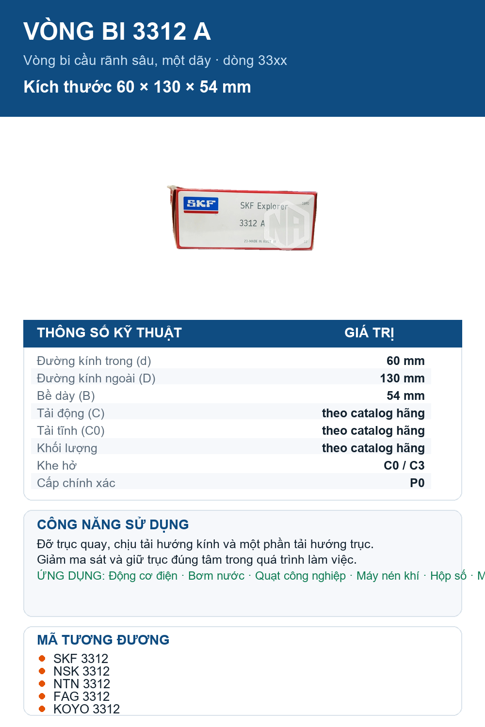 Vòng bi SKF 3312 A 60x130x54mm — Ảnh thông số (Pinterest)
