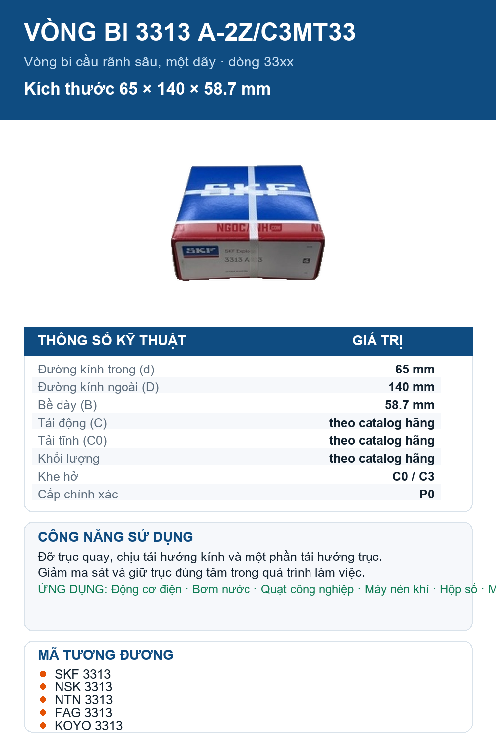 Vòng bi SKF 3313 A-2Z/C3MT33 65x140x58.7mm — Ảnh thông số (Pinterest)