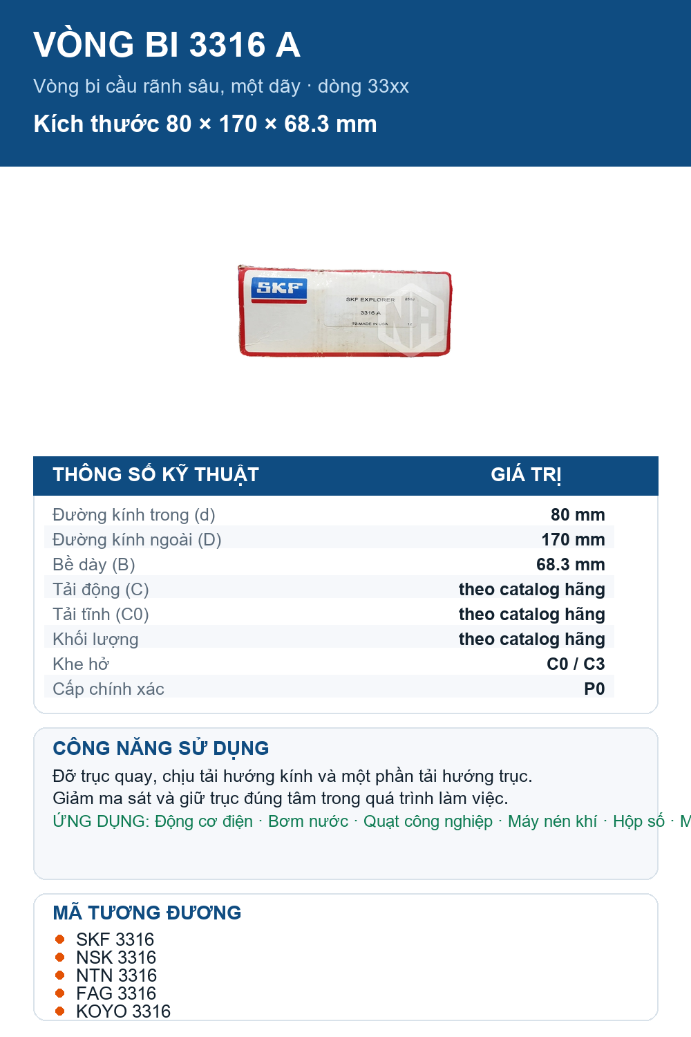 Vòng bi SKF 3316 A 80x170x68.3mm — Ảnh thông số (Pinterest)