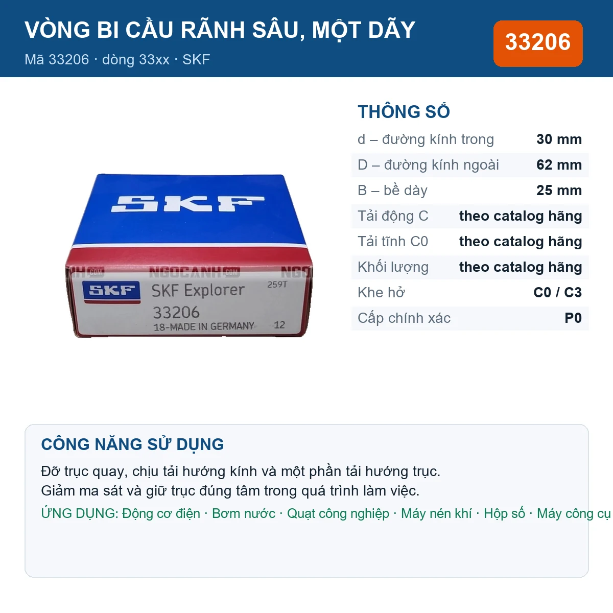 Vòng bi SKF 33206 — kích thước 30x62x25mm