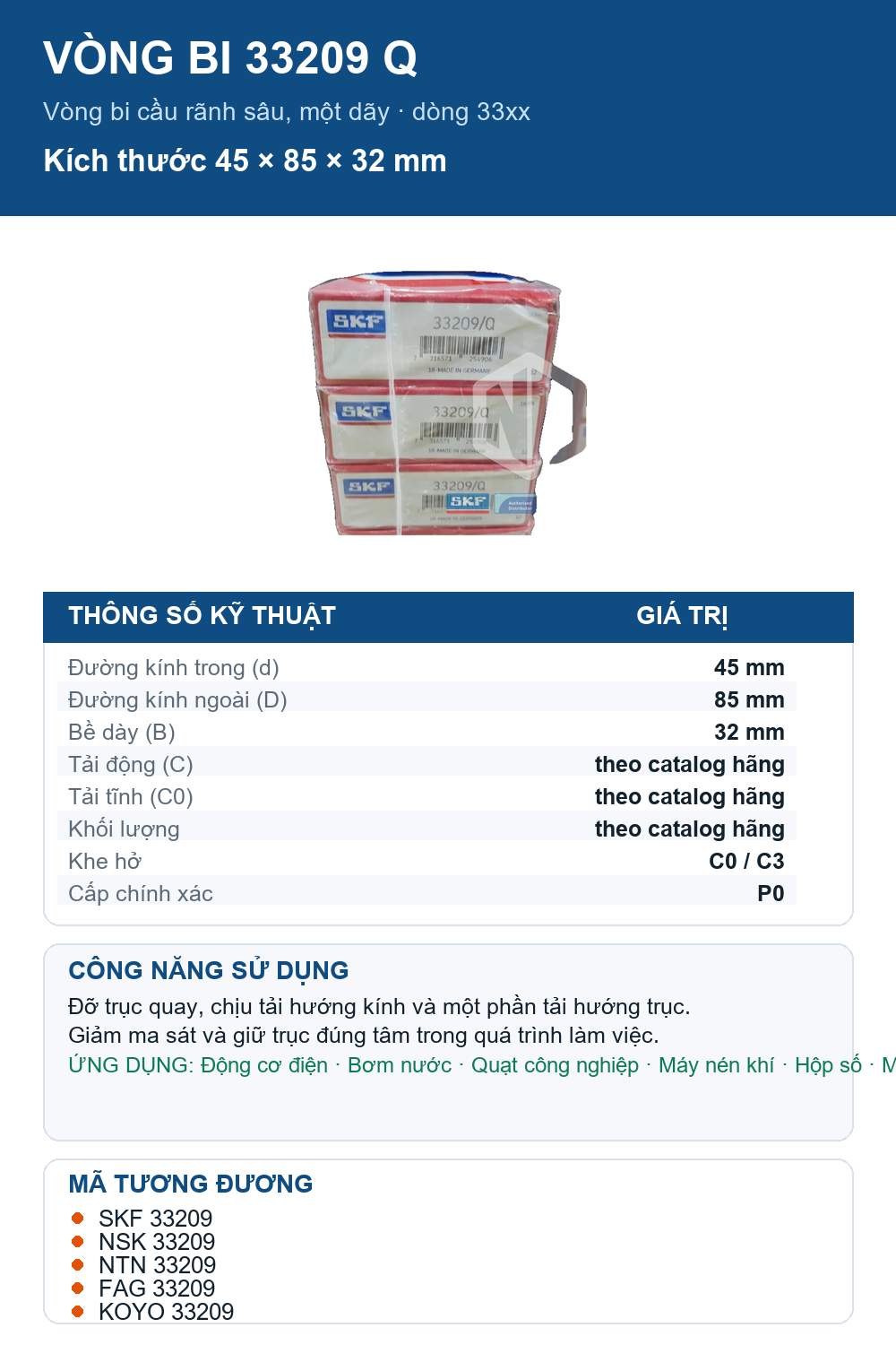 Vòng bi SKF 33209 Q 45x85x32mm — Ảnh thông số (Pinterest)