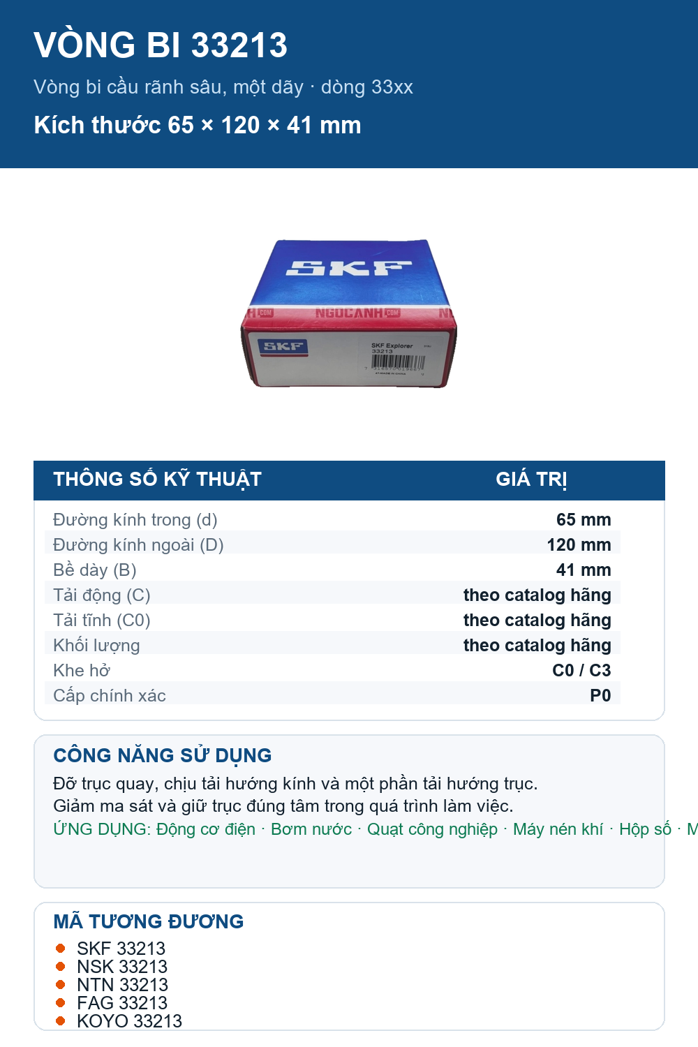 Vòng bi SKF 33213 65x120x41mm — Ảnh thông số (Pinterest)
