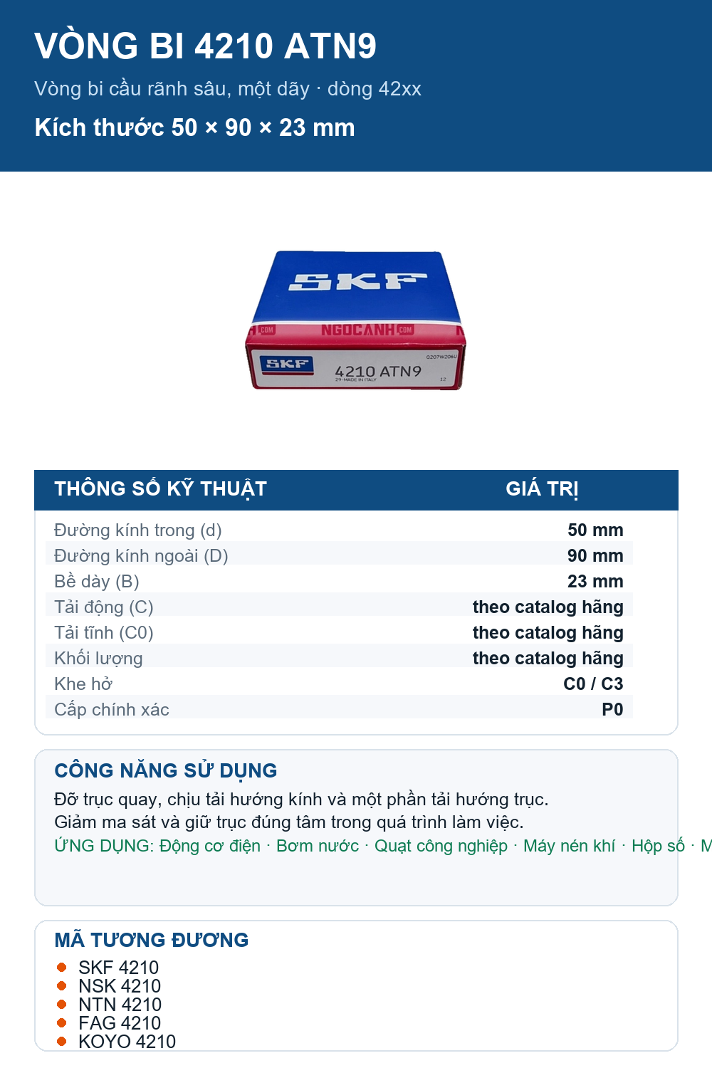 Vòng bi SKF 4210 ATN9 50x90x23mm — Ảnh thông số (Pinterest)