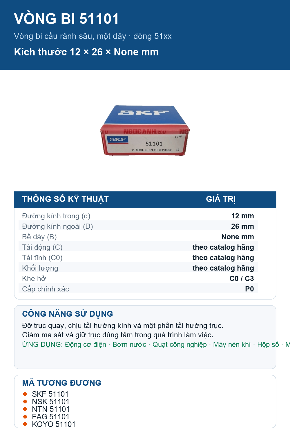 Vòng bi SKF 51101 12x26mm — Ảnh thông số (Pinterest)
