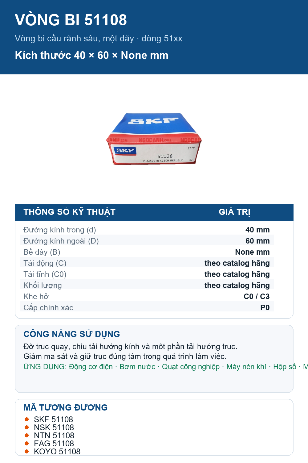 Vòng bi SKF 51108 40x60mm — Ảnh thông số (Pinterest)