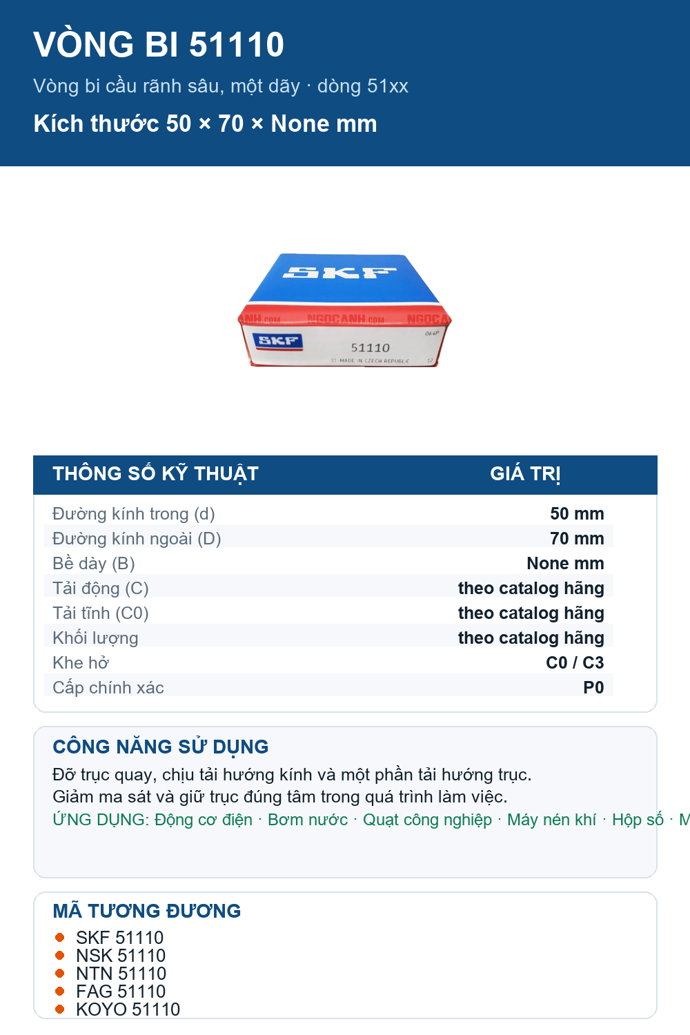 Vòng bi SKF 51110 50x70mm — Ảnh thông số (Pinterest)