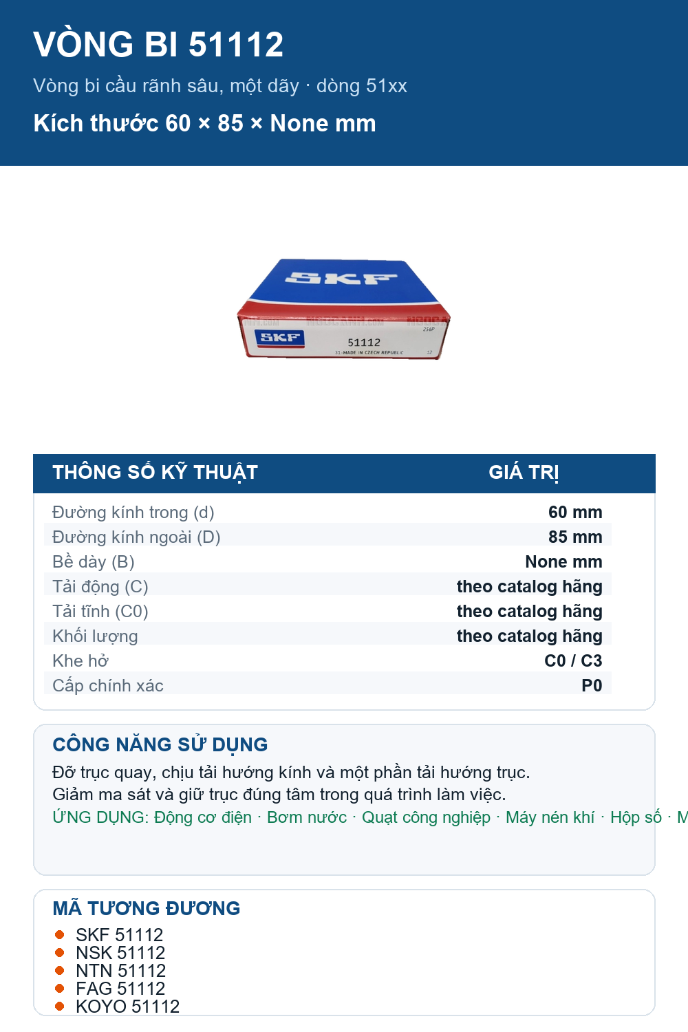 Vòng bi SKF 51112 60x85mm — Ảnh thông số (Pinterest)
