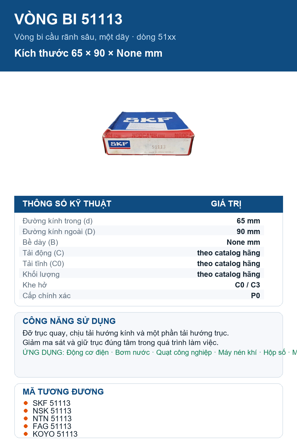Vòng bi SKF 51113 65x90mm — Ảnh thông số (Pinterest)