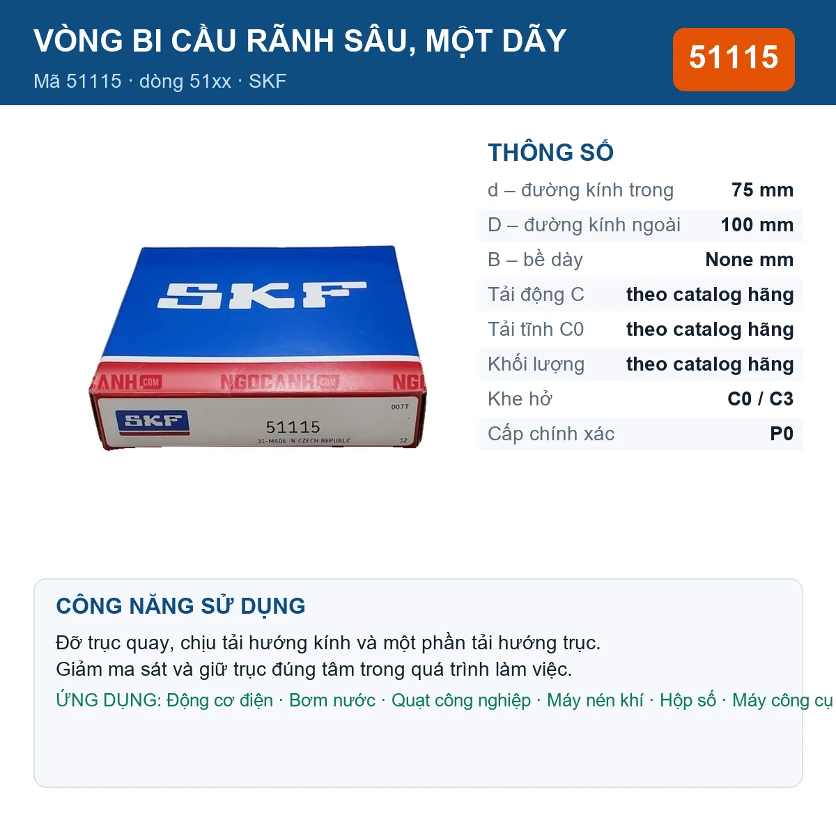 Vòng bi SKF 51115 — kích thước 75x100mm