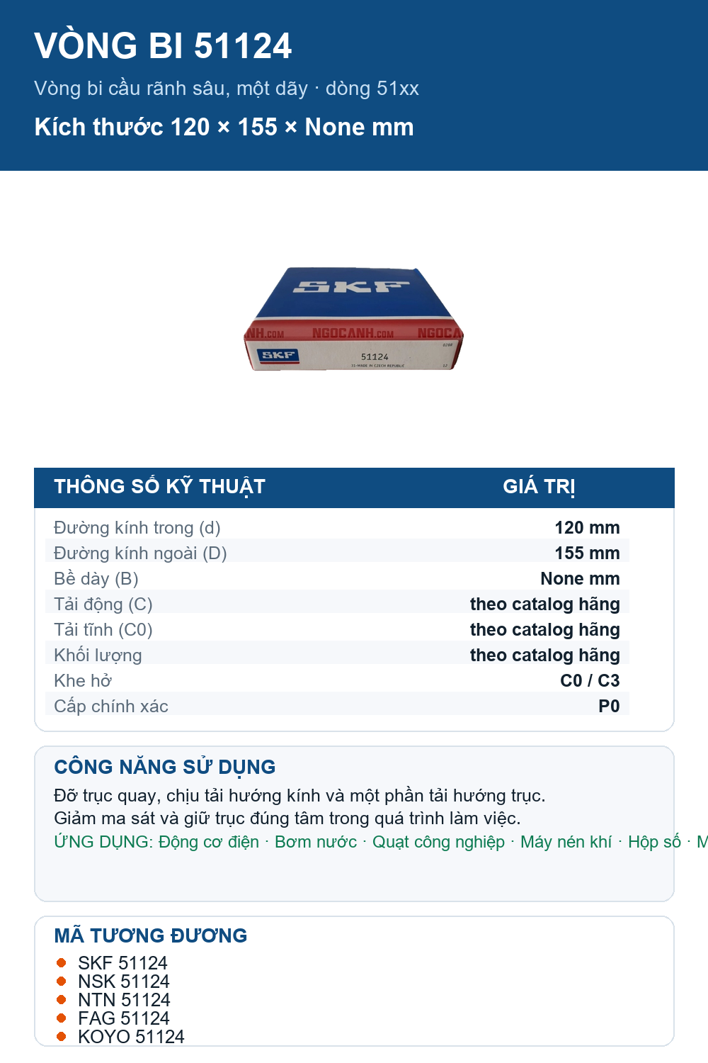 Vòng bi SKF 51124 120x155mm — Ảnh thông số (Pinterest)