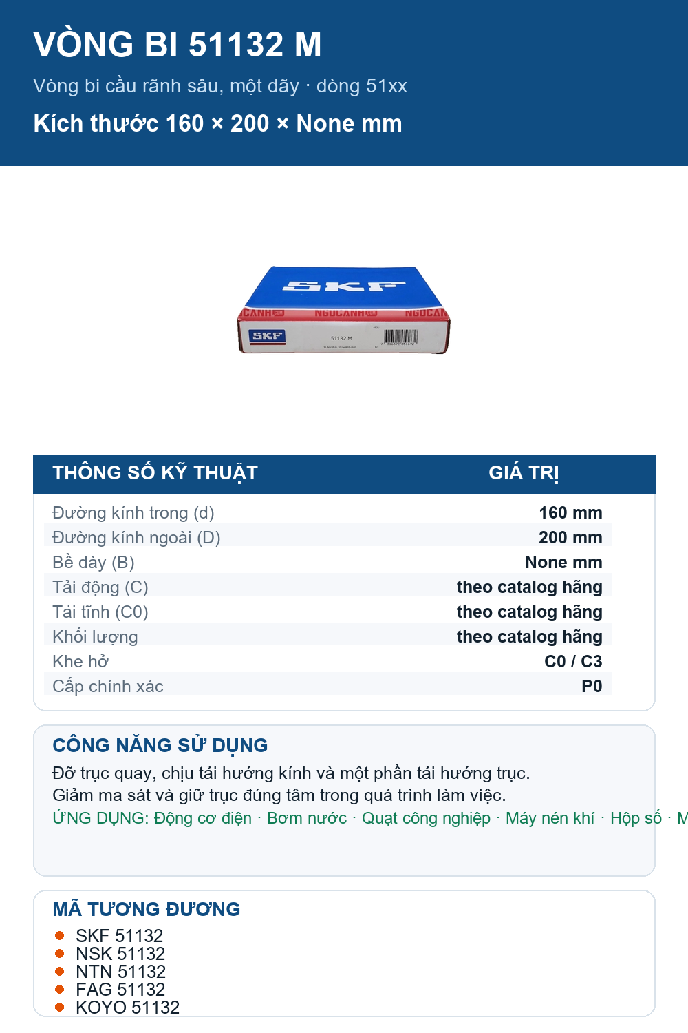 Vòng bi SKF 51132 M 160x200mm — Ảnh thông số (Pinterest)