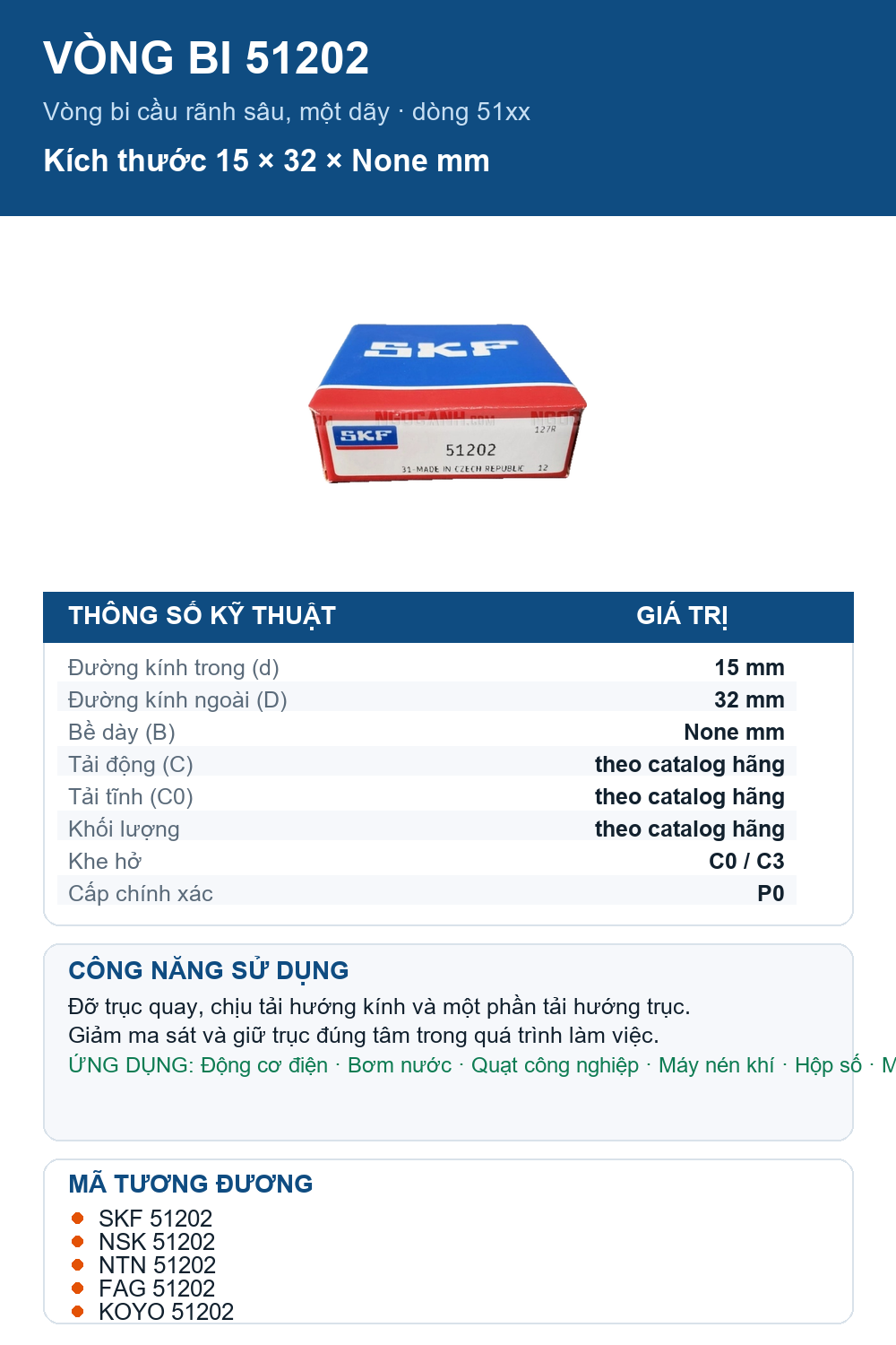 Vòng bi SKF 51202 15x32mm — Ảnh thông số (Pinterest)