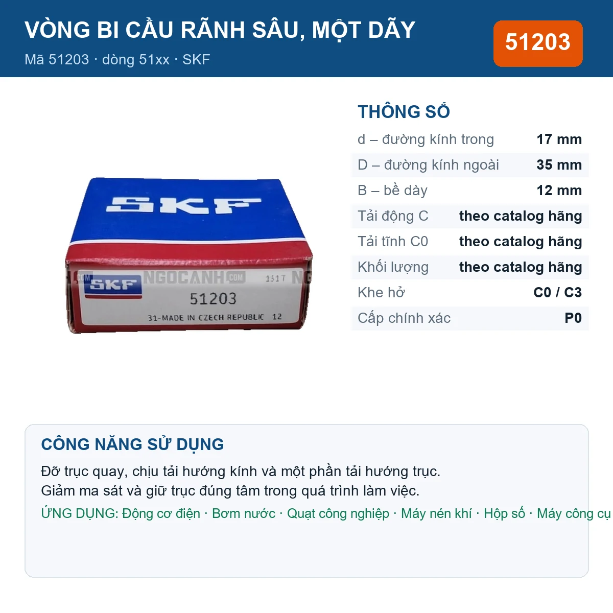 Vòng bi SKF 51203 — kích thước 17x35x12mm