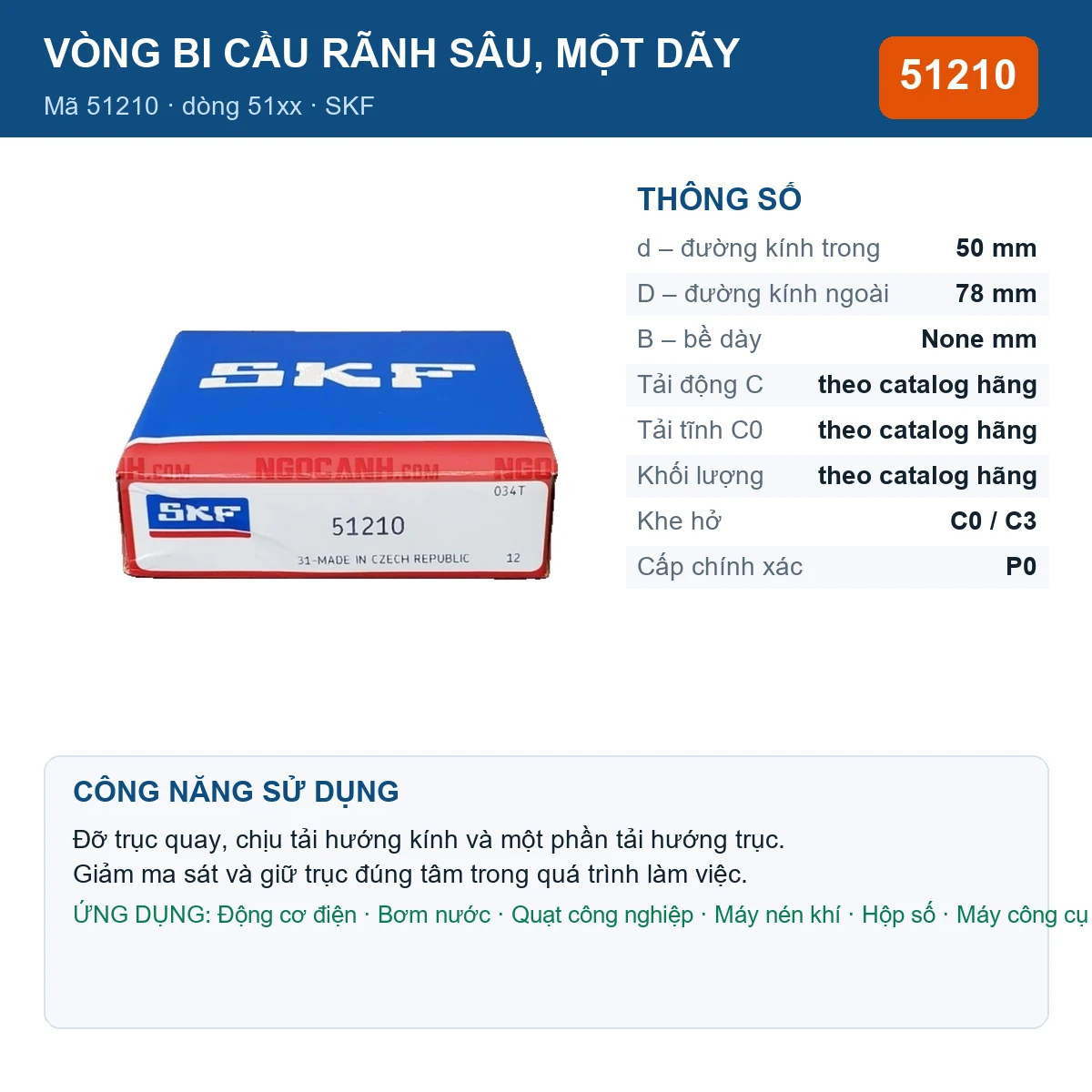 Vòng bi SKF 51210 — kích thước 50x78mm
