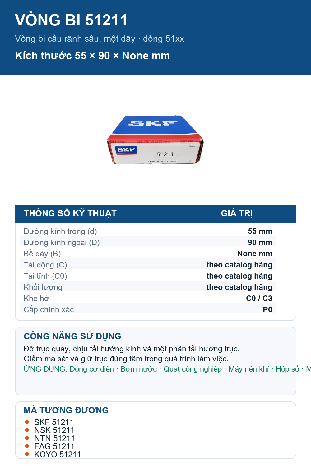Vòng bi SKF 51211 55x90mm — Ảnh thông số (Pinterest)