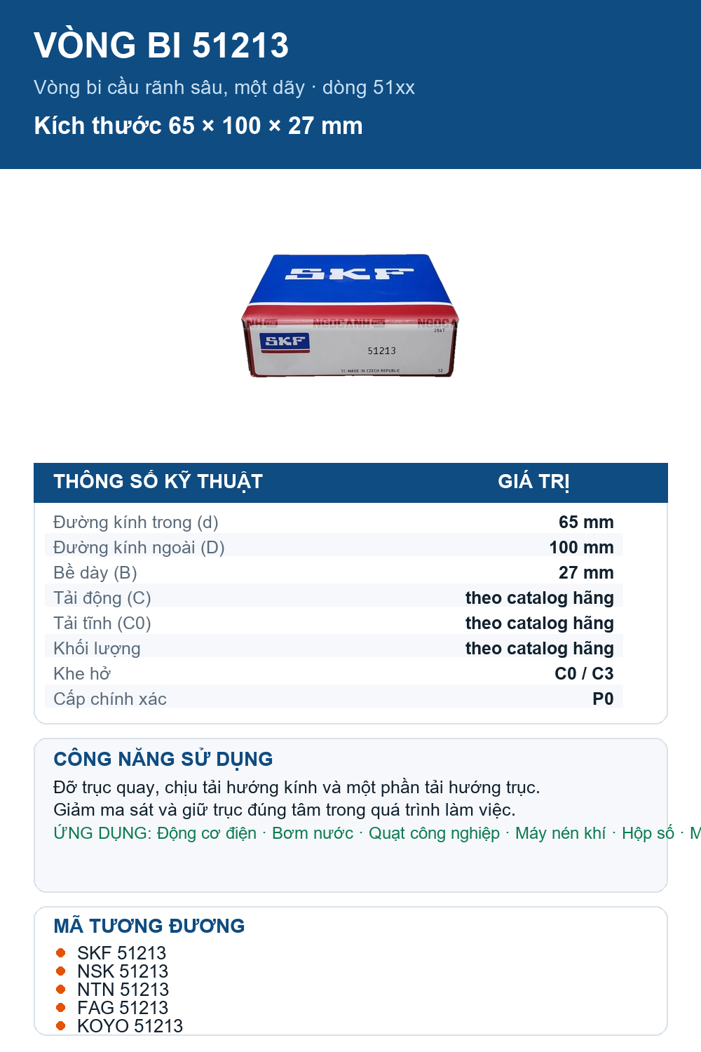 Vòng bi SKF 51213 65x100x27mm — Ảnh thông số (Pinterest)