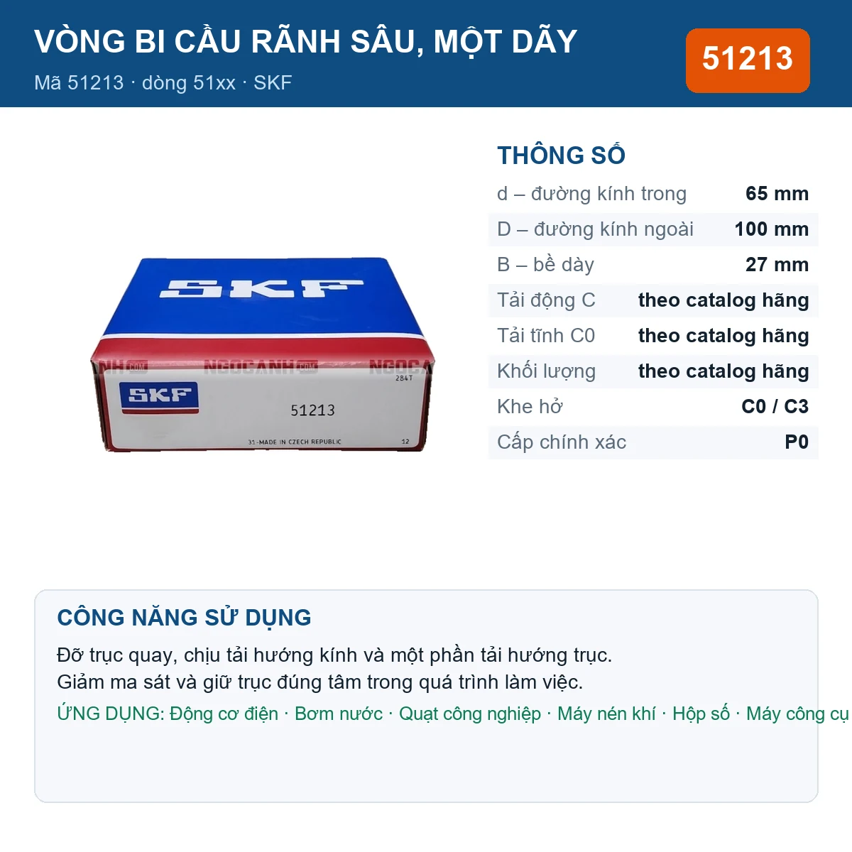 Vòng bi SKF 51213 — kích thước 65x100x27mm