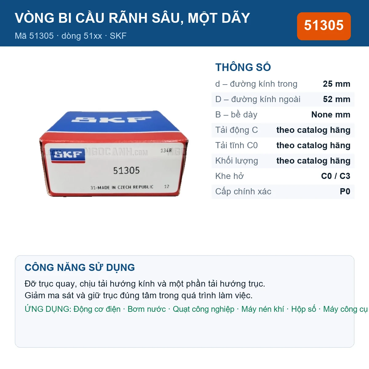 Vòng bi SKF 51305 — kích thước 25x52mm