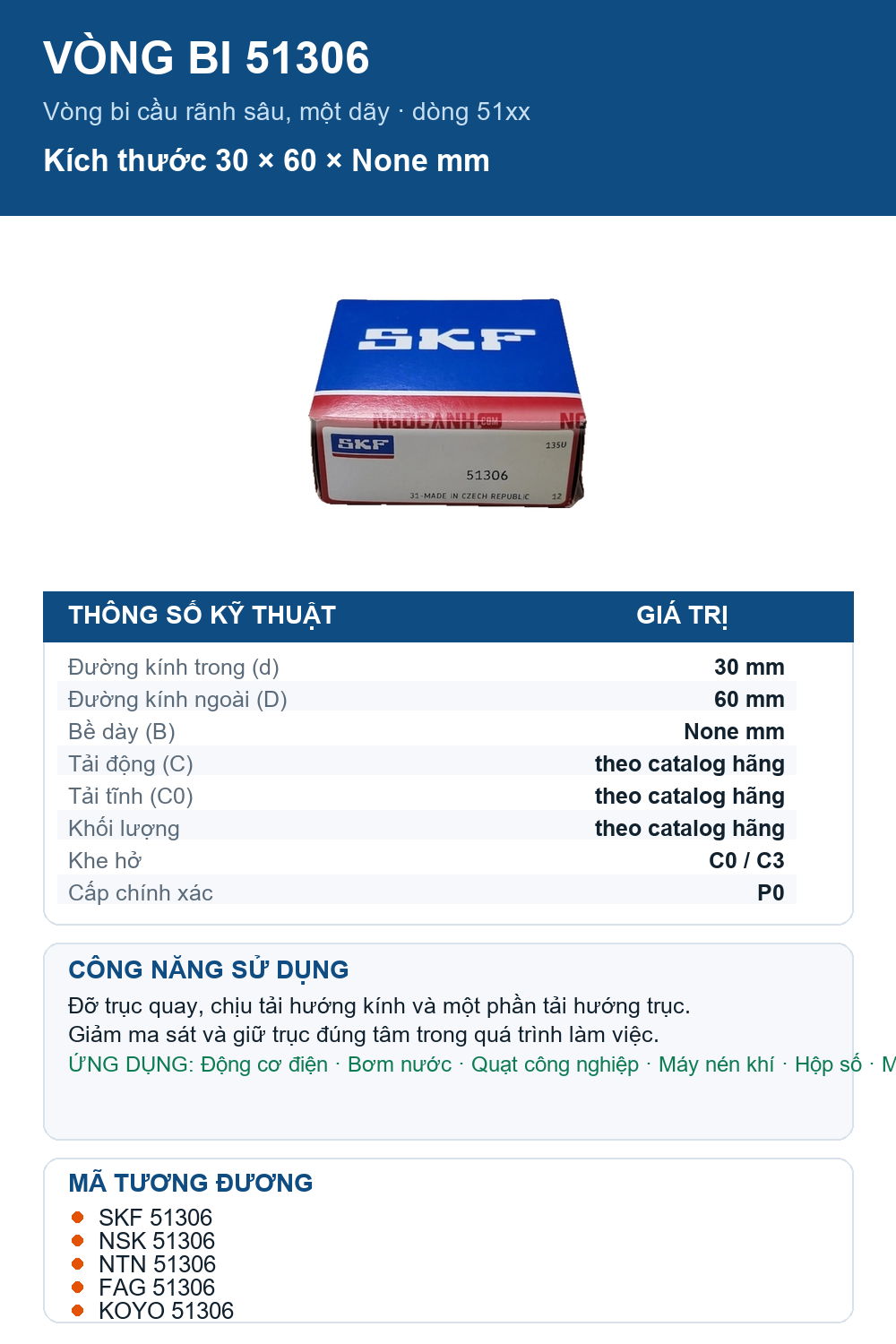 Vòng bi SKF 51306 30x60mm — Ảnh thông số (Pinterest)