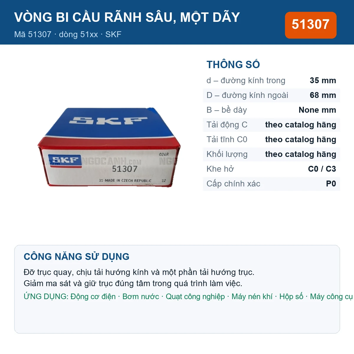 Vòng bi SKF 51307 — kích thước 35x68mm