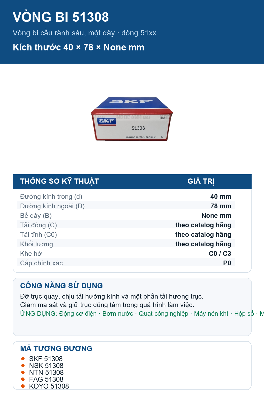 Vòng bi SKF 51308 40x78mm — Ảnh thông số (Pinterest)