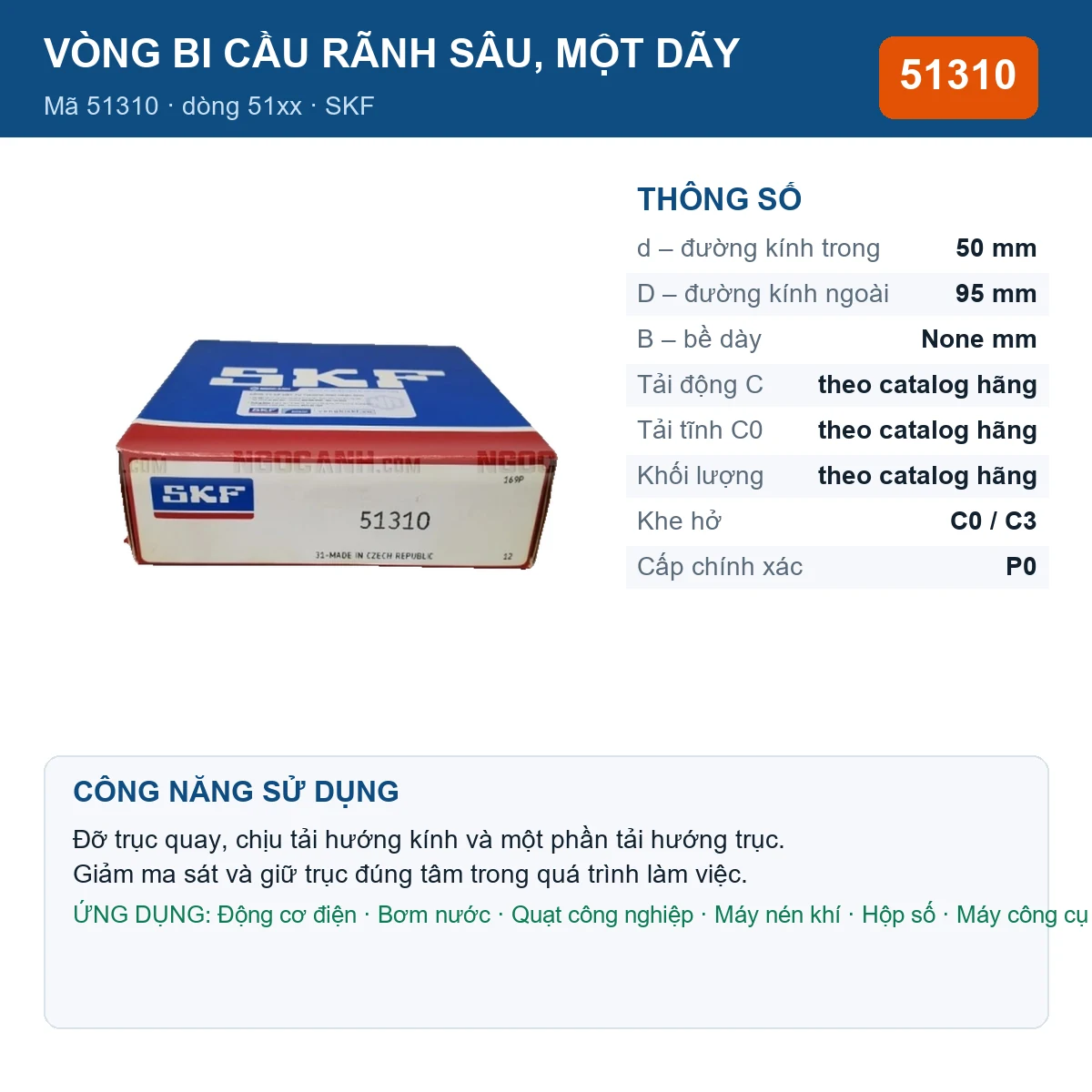 Vòng bi SKF 51310 — kích thước 50x95mm
