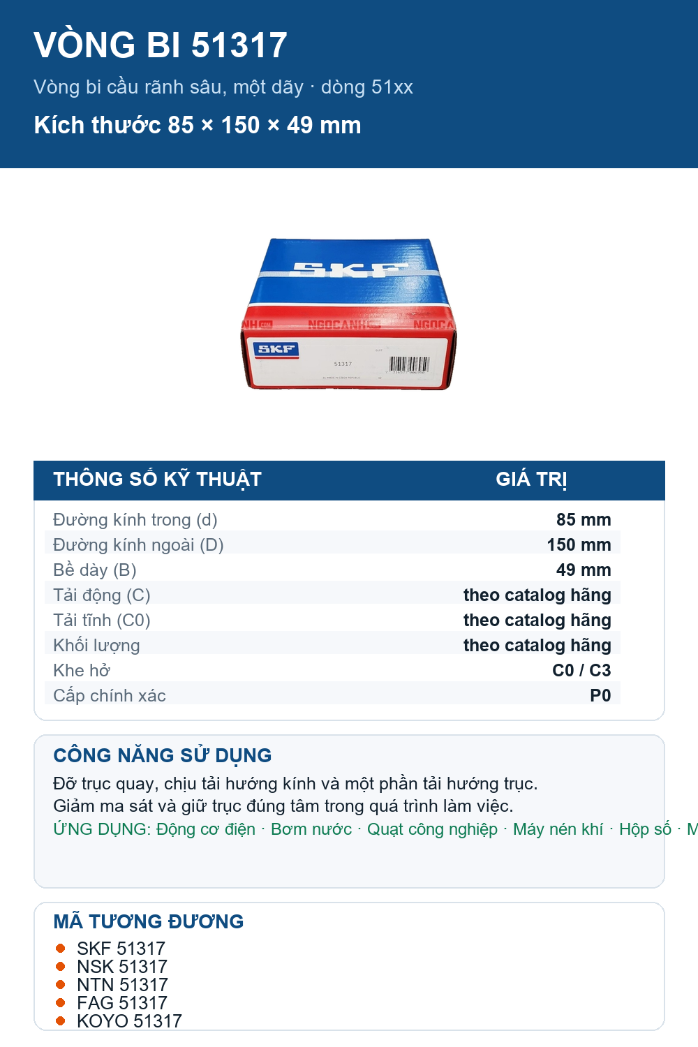 Vòng bi SKF 51317 85x150x49mm — Ảnh thông số (Pinterest)