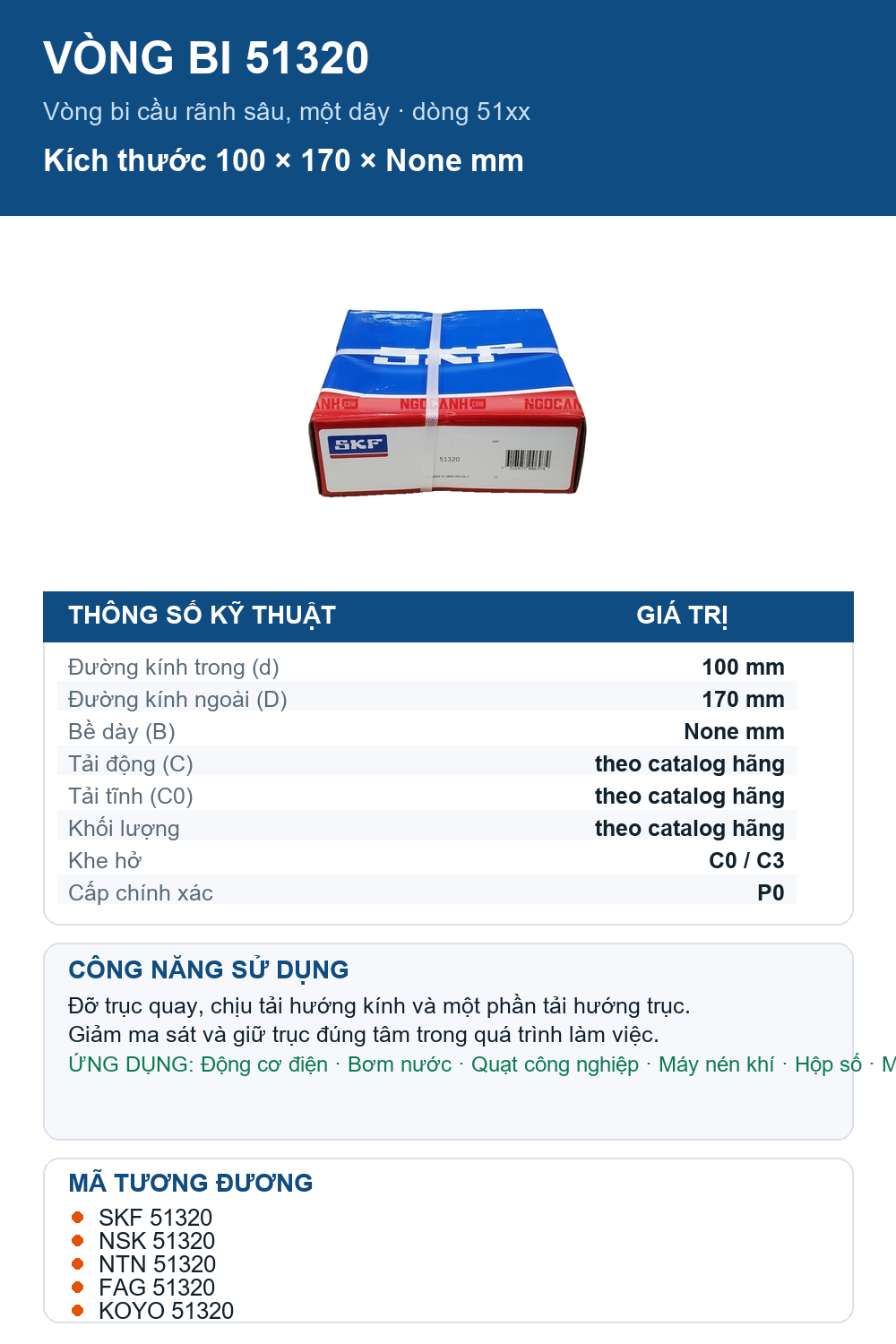 Vòng bi SKF 51320 100x170mm — Ảnh thông số (Pinterest)