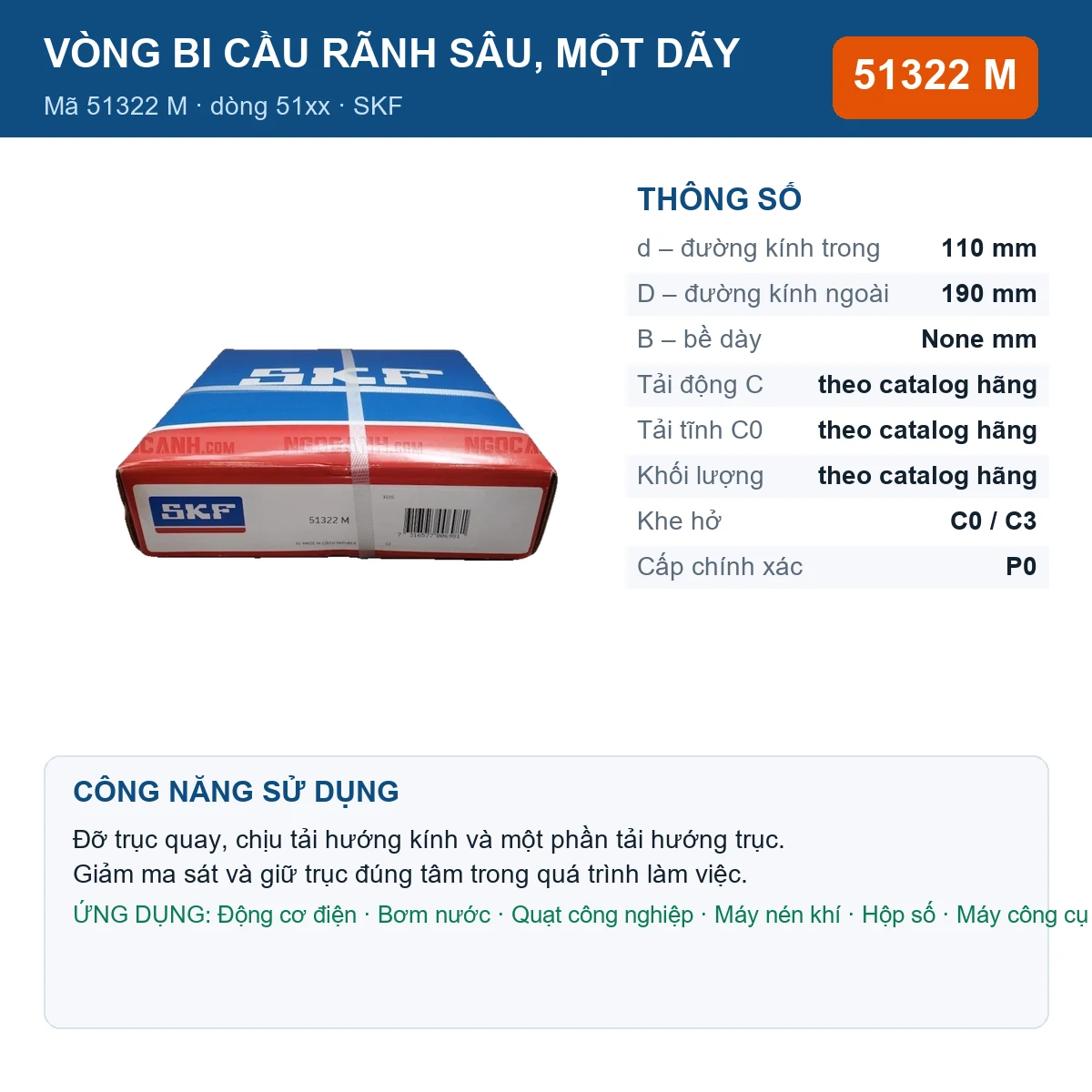 Vòng bi SKF 51322 M — kích thước 110x190mm