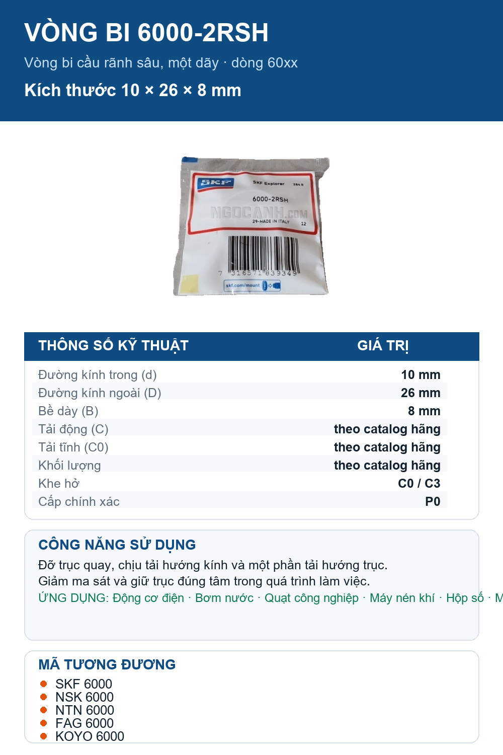 Vòng bi SKF 6000-2RSH 10x26x8mm — Ảnh thông số (Pinterest)