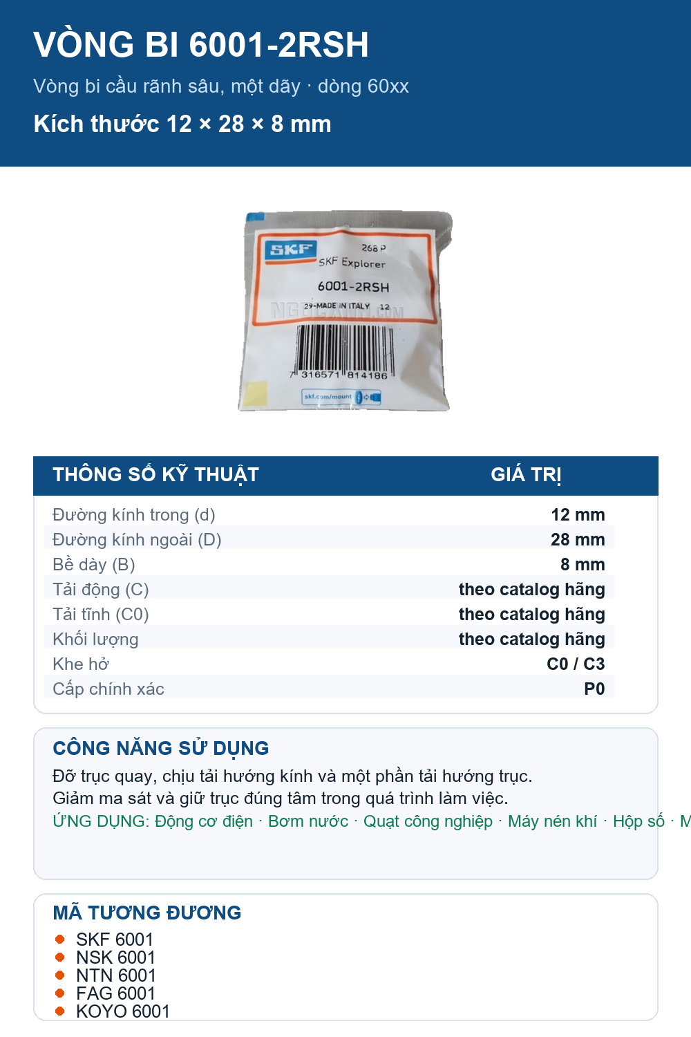 Vòng bi SKF 6001-2RSH 12x28x8mm — Ảnh thông số (Pinterest)